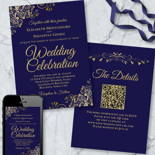 Gold Filigree auf Navy Blue Elegant QR Code Weddin Einladung