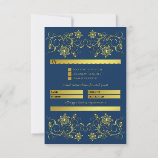 Gold Filigree Blume & Ivy auf atlantischem Blau RSVP Karte (Rückseite)