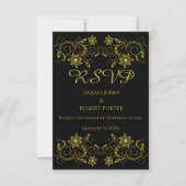 Gold Filigree Blume & Wein auf schwarzem Hintergru RSVP Karte (Vorderseite)