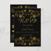 Gold Filigree Blume & Wein auf schwarzem Hintergru RSVP Karte (Vorne/Hinten)