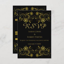Gold Filigree Blume & Wein auf schwarzem Hintergru RSVP Karte