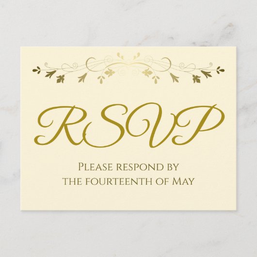 Gold Filigree Border Elegantes Cream Wedding RSVP Postkarte (Vorderseite)