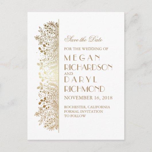 Gold Filigree Elegant Floral Save the Date Ankündigungspostkarte (Vorderseite)