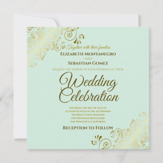 Gold Filigree Elegant Mint Green Square Wedding Einladung (Vorderseite)