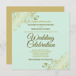 Gold Filigree Elegant Mint Green Square Wedding Einladung