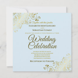 Gold Filigree Elegante Powder Blue Square Wedding Einladung