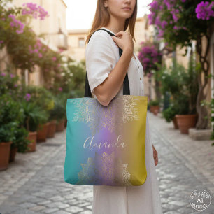 Gold Filigree Mandala auf Pastel Rainbow Custom Tasche