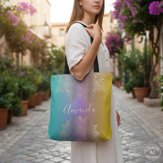 Gold Filigree Mandala auf Pastel Rainbow Custom Tasche