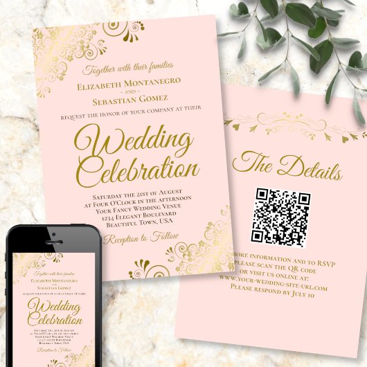 Gold Filigree on Pink Elegant QR Code Wedding Einladung