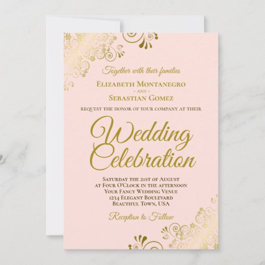 Gold Filigree on Pink Elegant QR Code Wedding Einladung (Vorderseite)