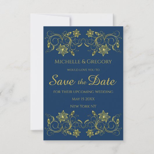 Gold Filigree und Script auf Atlantic Blue Save The Date (Rückseite)