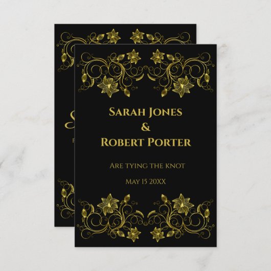 Gold Filigree und Skript auf schwarzem Hintergrund Save The Date (Vorne/Hinten)