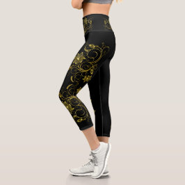 Gold Filigree Vine Sporty Chic Aclebwear Capri Leggings