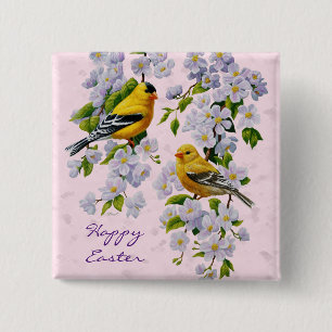Gold Finch Birds & Apple Tree Pink Button