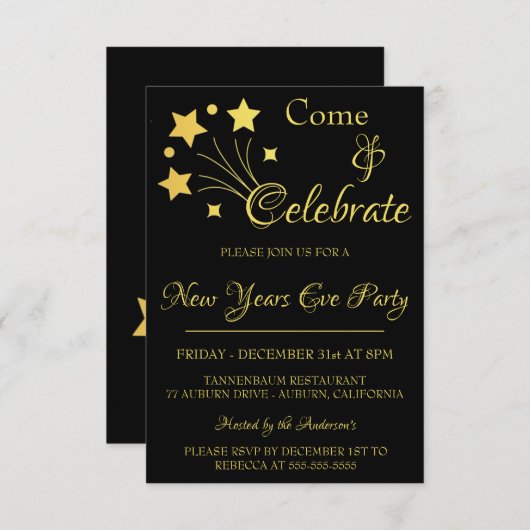 Gold Fireworks New Years Party Einladung (Vorne/Hinten)
