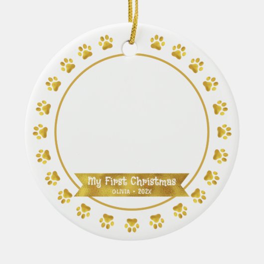 Gold First Christmas Pet Kitten Foto Paws Custom Keramik Ornament (Vorne)