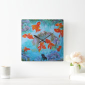 Gold fish art colorful feng shui  poster quadratische wanduhr (Zuhause)