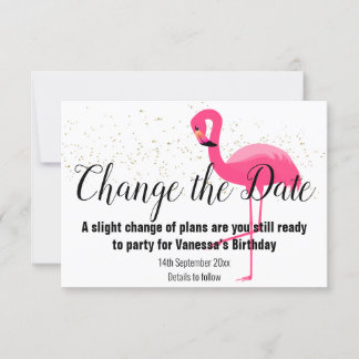 GOLD FLAMINGO PINK ÄNDERN DAS DATUM Weiß RSVP Karte