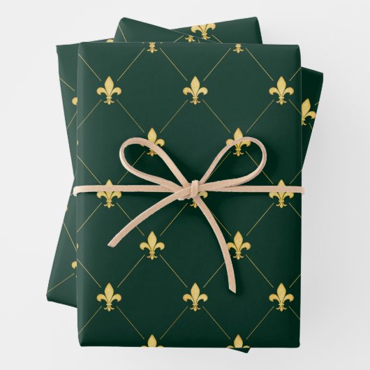 Gold Fleur-de-Lis auf Dunkelgrün Geschenkpapier Set (Beispiel)