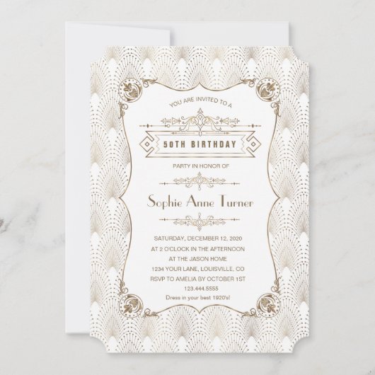 Gold Fleur-de-lis Great Gatsby 20s 50th Birthday Einladung (Vorderseite)