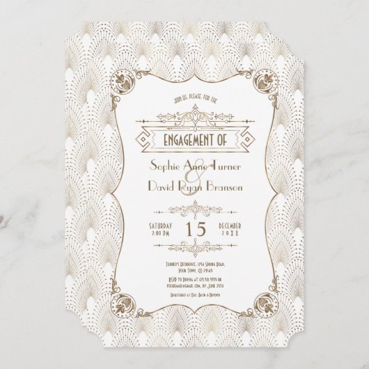 Gold Fleur-de-lis Great Gatsby Engagement Party Einladung (Vorne/Hinten)
