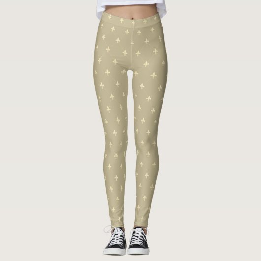 Gold Fleur-de-Lis Latte Brown Leggings (Vorderseite)