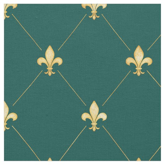 Gold Fleur-de-Lis (mittlerer Maßstab) Aquamarin Gr Stoff (Nahaufnahme)