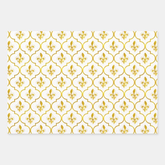 Gold Fleur-de-Lis-Quatrefolienmuster Geschenkpapier Set (Vorderseite 2)