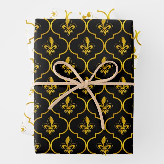 Gold Fleur-de-Lis-Quatrefolienmuster Geschenkpapier Set (Beispiel)
