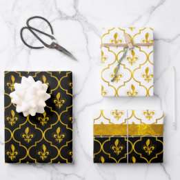 Gold Fleur-de-Lis-Quatrefolienmuster Geschenkpapier Set