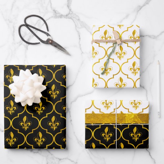 Gold Fleur-de-Lis-Quatrefolienmuster Geschenkpapier Set (Vorderseite)