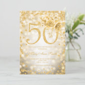 Gold Floral 50. Geburtstag Glam Lights Einladung (Stehend Vorderseite)