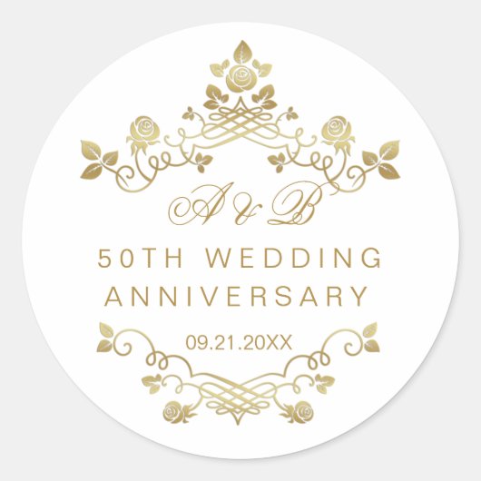Gold Floral 50. Hochzeit Jubiläum Klassische Route Runder Aufkleber (Vorderseite)