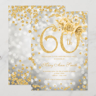 Gold Floral 60. Geburtstag Glam Silver Lights Einladung