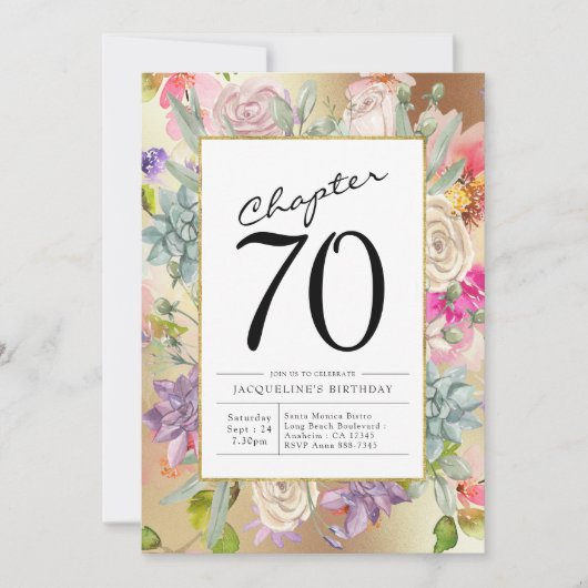 Gold Floral 70. Geburtstag Einladung (Vorderseite)