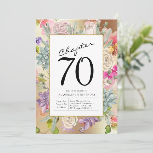 Gold Floral 70. Geburtstag Einladung (Stehend Vorderseite)