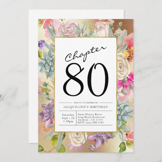 Gold Floral 80. Geburtstag Einladung (Vorne/Hinten)