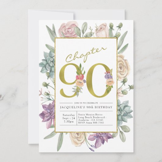 Gold Floral 90. Geburtstag Einladung (Vorderseite)