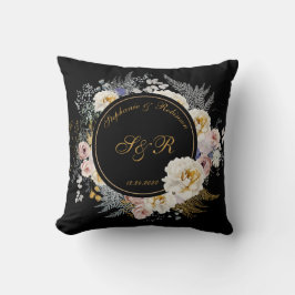 Gold Floral auf Black Monogram Wedding Kissen