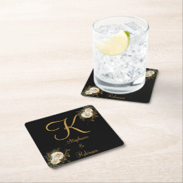 Gold Floral auf Black Wedding Geschenk Monogramm Rechteckiger Pappuntersetzer