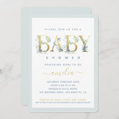 Gold Floral Baby Blue Boy Dusche Einladung (Vorne/Hinten)