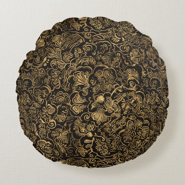 Gold Floral Baroque Pattern on Black Rundes Kissen (Vorderseite)