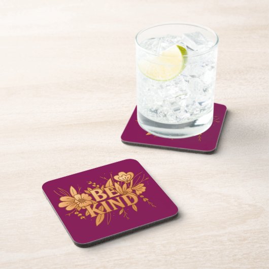Gold Floral “Be Kind” Coaster Set – 6 Hard Plastic Getränkeuntersetzer (Rechte Seite)