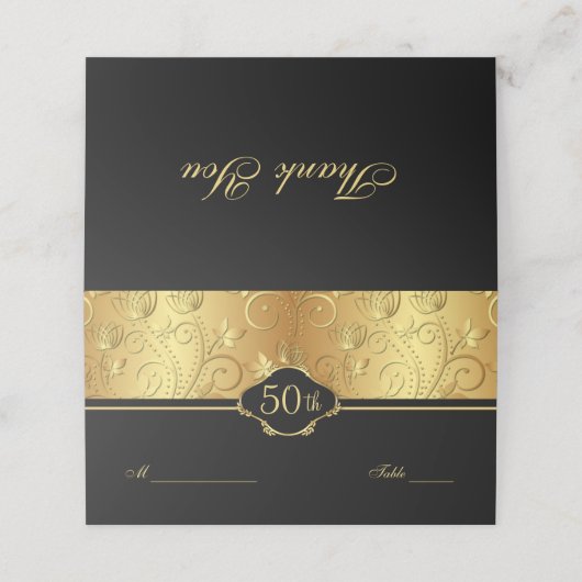 Gold Floral Black 50. Wedding Reception Place Auto Platzkarte (Außenseite Aufgefaltet)