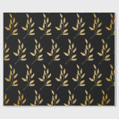 Gold Floral Blätter Botanisches Muster auf schwarz Geschenkpapier (Flach)