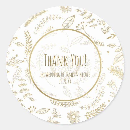 Gold Floral Blätter Rustikale Elegante Hochzeit Ge Runder Aufkleber (Vorderseite)