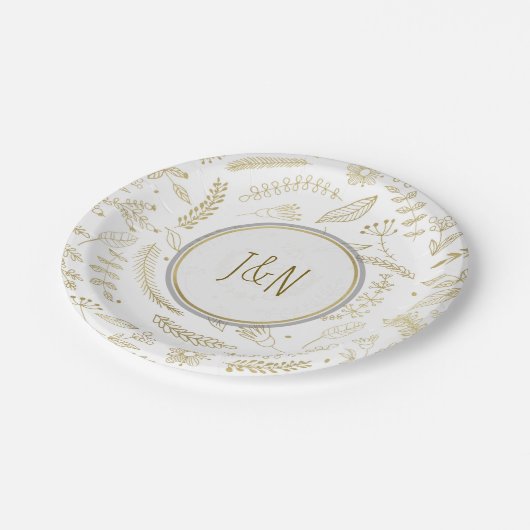 Gold Floral Blätter Rustikale Hochzeitsempfehlung Pappteller (Schrägansicht)