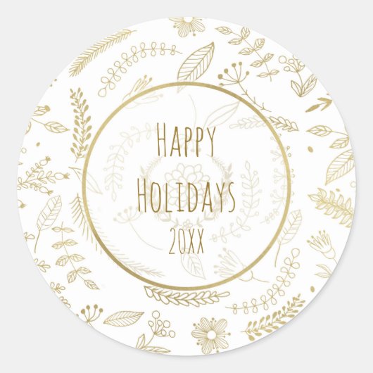 Gold Floral Blätter Rustikaler Weihnachtsurlaub Runder Aufkleber (Vorderseite)