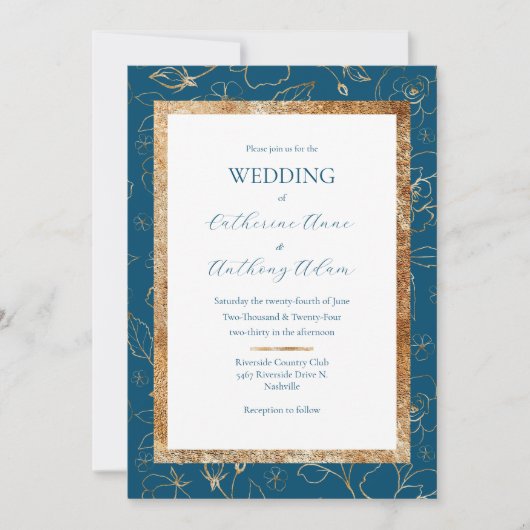 Gold Floral Blue Moderne Hochzeit Einladung (Vorderseite)