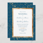 Gold Floral Blue Moderne Hochzeit Einladung (Vorne/Hinten)